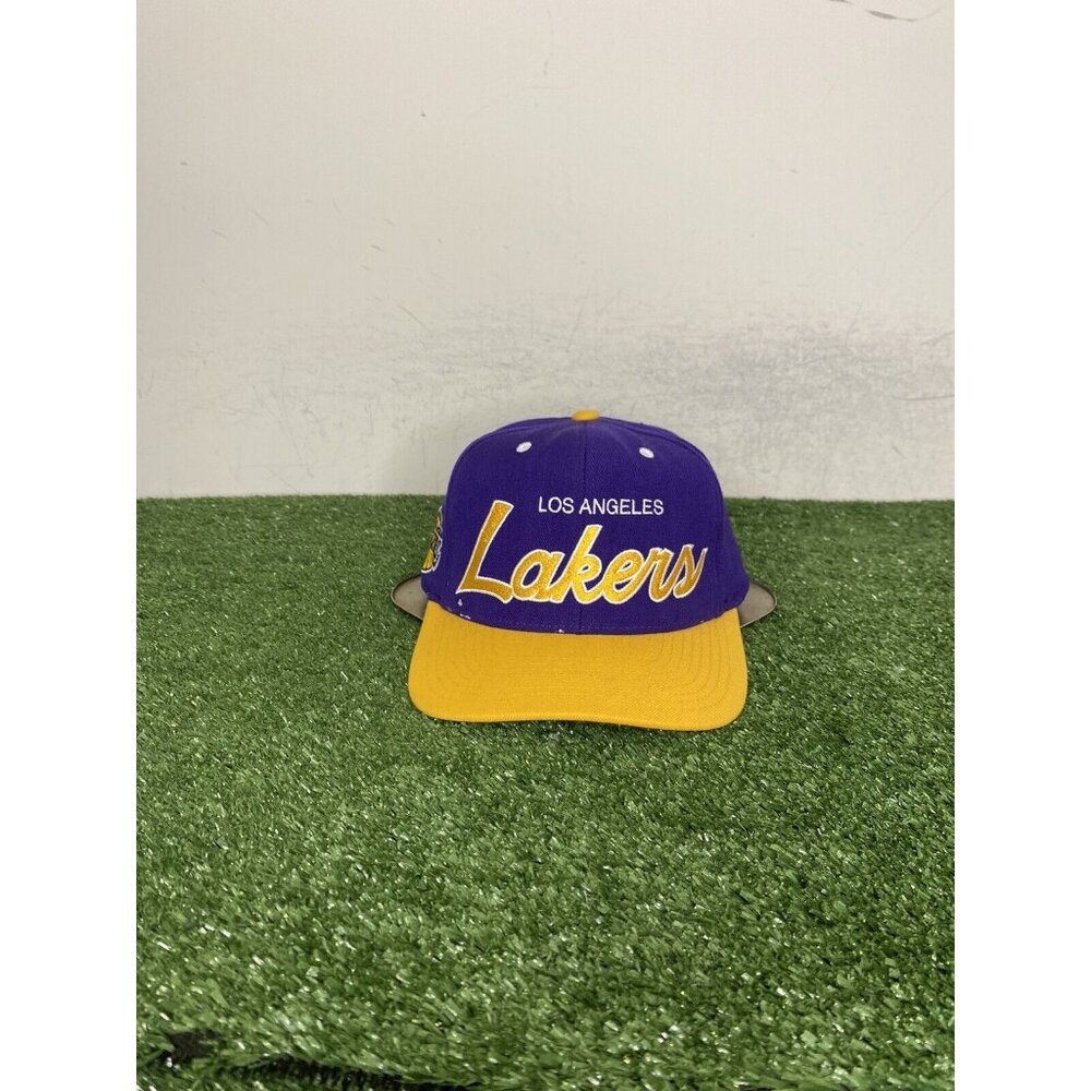 Los Angeles Lakers hat cap snap back purple yellow script Mitchell & Ness retro